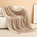 Khaki Elegant Openwork Knitted Throw Blanket with Tassels - 127x180cm Large Decorative Soft Sofa Blanket for Living Room & Bedroom - Breathable Cozy Cover for Travel & Office Nap