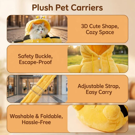 L Size Cute Bee Windproof Insulated Pet Shoulder Bag with Security Buckle - Soft Reversible Flannel Tote for Small Dogs & Cats Up to 2KG