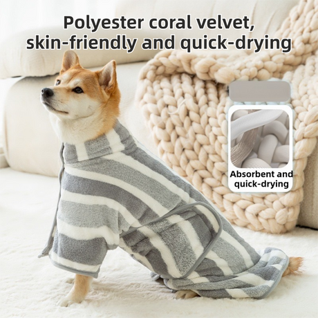 Grey Stripes Super Absorbent Pet Bathrobe with Waist Belt & Neck Snap - Full Coverage Quick-Drying Towel for Dogs & Cats (XS Size)
