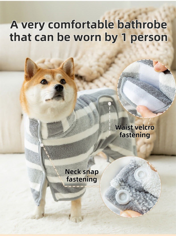 Red Stripes Super Absorbent Pet Bathrobe with Waist Belt & Neck Snap - Full Coverage Quick-Drying Towel for Dogs & Cats (M Size)