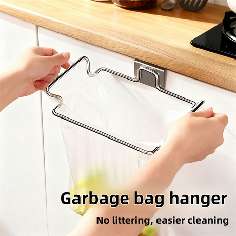 Large Stainless Steel Over-Cabinet Trash Bag Holder with Curved Ear Hook  - Heavy Duty Hanging Waste Bag Support for Home & Office