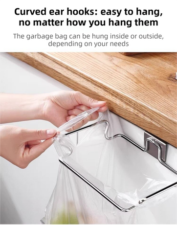 Large Stainless Steel Over-Cabinet Trash Bag Holder with Curved Ear Hook  - Heavy Duty Hanging Waste Bag Support for Home & Office