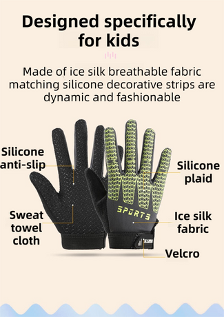 Black and Green Breathable Half-Finger Cycling Gloves for Kids - Non-Slip Silicone Grip, Ice Silk & Shock-Absorbing Sports Mitts (M Size)
