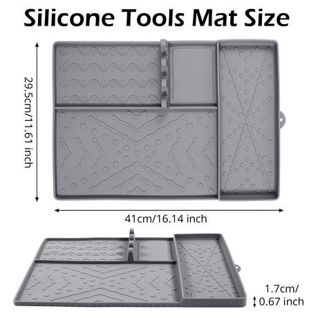 Grey Heavy-Duty Silicone Griddle Tool Mat Integrated Tool & Bottle Slots - Non-Stick BBQ Tool Draining Grease Mat and Seasoning Station