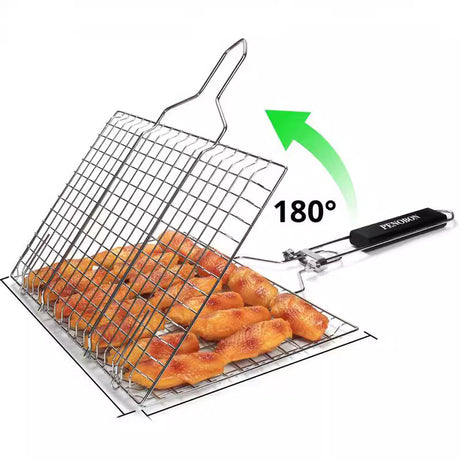 180° Foldable Stainless Steel BBQ Grilling Net Basket with Storage Bag & Secure Lock - Fish, Chicken Wings & Vegetable Barbecue Mesh Clip