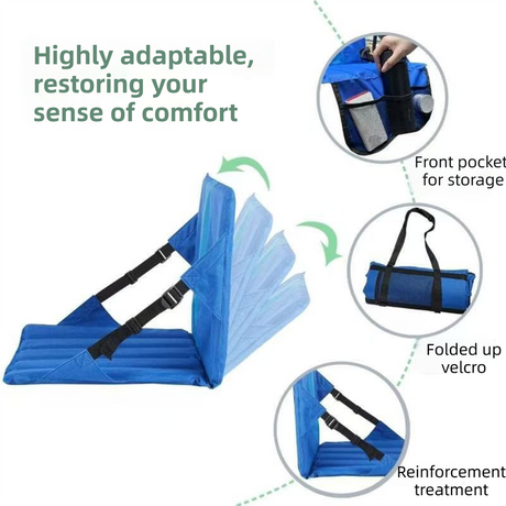 Black Foldable Stadium Seat Cushion with Backrest & Storage Pockets - Portable Roll-Up Outdoor Waterproof Oxford Cloth Bleacher Chair