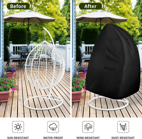 Black Heavy Duty Hanging Egg Chair Shield with Windproof Drawstring and Storage Bag - Waterproof & Dustproof Garden Swing Chair Protector (Single Seat 190 x 115 CM)