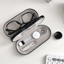 Black Leather Dual-Layer Eyewear Case with Mirror & Lens Care Kit - Rigid Travel Organizer for Glasses and Contact Lenses