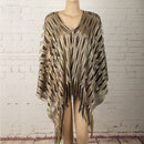Gold Boho Hollow-Out Wave Poncho Shawl with Tassel Hem - Elegant Dual-Tone Color Block Oversized Wrap for Fall & Winter Layering