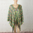 Green Boho Hollow-Out Wave Poncho Shawl with Tassel Hem - Elegant Dual-Tone Color Block Oversized Wrap for Fall & Winter Layering