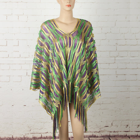 Green Boho Hollow-Out Wave Poncho Shawl with Tassel Hem - Elegant Dual-Tone Color Block Oversized Wrap for Fall & Winter Layering