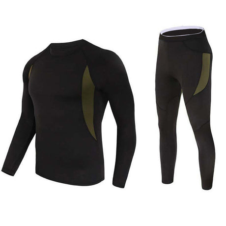 XXL Size Black Men's Tactical 4-Way Stretch Fleece Lined Thermal Underwear Set - Winter Sweat-Wicking & Breathable Sportswear for Training & Outdoors