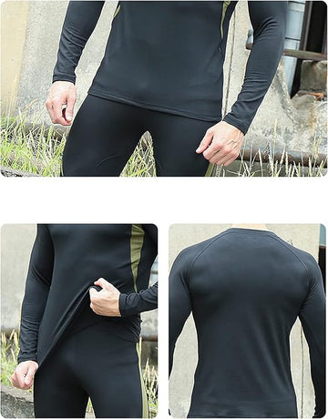 XXL Size Black Men's Tactical 4-Way Stretch Fleece Lined Thermal Underwear Set - Winter Sweat-Wicking & Breathable Sportswear for Training & Outdoors