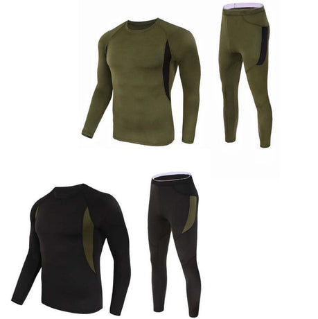 2-Pack XL Size Men's Tactical 4-Way Stretch Fleece Lined Thermal Underwear Set(Black + Green) - Winter Sweat-Wicking & Breathable Sportswear for Training & Outdoors