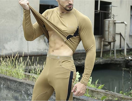 2-Pack M Size Men's Tactical 4-Way Stretch Fleece Lined Thermal Underwear Set(Black + Khaki) - Winter Sweat-Wicking & Breathable Sportswear for Training & Outdoors