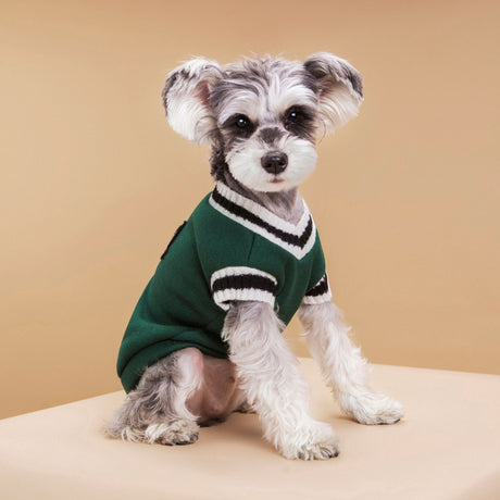 4-Pack L Size Preppy Style V-Neck Knitted Cotton Pet Sweater - Hair-Resistant & Breathable, Classic Fleece-Lined Pullover for Cats and Dogs(Green + Red + Khaki + Grey)