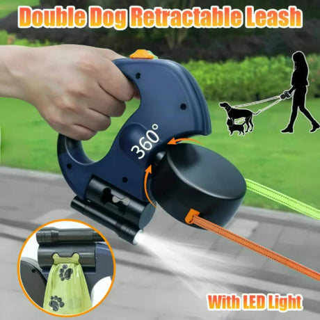 Blue One-to-Two Retractable Dog Leash with One-Click Safety Lock & Night Light - 3M Tangle-Free 360° Rotation Walking Leash