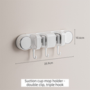 White Vacuum Suction Cup Mop & Broom Holder with 2 Roller Clips + 3 Hooks - Heavy Duty Waterproof Rack for Bathroom & Kitchen