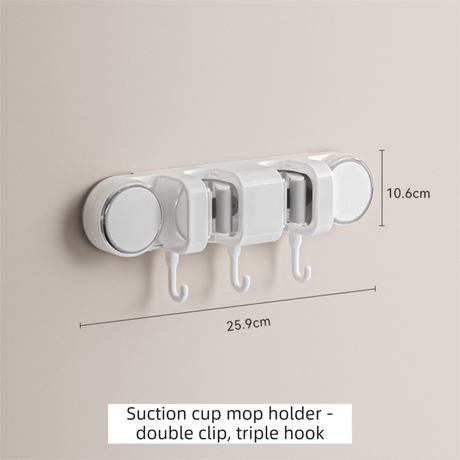 White Vacuum Suction Cup Mop & Broom Holder with 2 Roller Clips + 3 Hooks - Heavy Duty Waterproof Rack for Bathroom & Kitchen