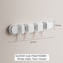 White Vacuum Suction Cup Mop & Broom Holder with 3 Roller Clips + 4 Hooks - Heavy Duty Waterproof Rack for Bathroom & Kitchen