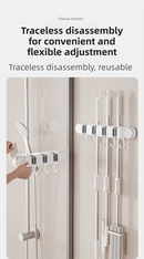 White Vacuum Suction Cup Mop & Broom Holder with 3 Roller Clips + 4 Hooks - Heavy Duty Waterproof Rack for Bathroom & Kitchen