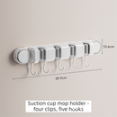 White Vacuum Suction Cup Mop & Broom Holder with 4 Roller Clips + 5 Hooks - Heavy Duty Waterproof Rack for Bathroom & Kitchen