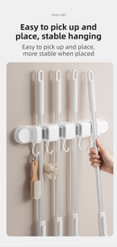 White Vacuum Suction Cup Mop & Broom Holder with 4 Roller Clips + 5 Hooks - Heavy Duty Waterproof Rack for Bathroom & Kitchen