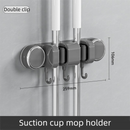 Grey Vacuum Suction Cup Mop & Broom Holder with 2 Roller Clips + 3 Hooks - Heavy Duty Waterproof Rack for Bathroom & Kitchen