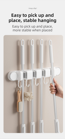 Grey Vacuum Suction Cup Mop & Broom Holder with 2 Roller Clips + 3 Hooks - Heavy Duty Waterproof Rack for Bathroom & Kitchen