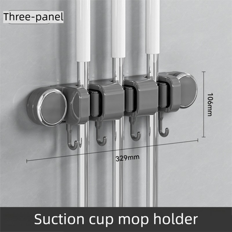 Grey Vacuum Suction Cup Mop & Broom Holder with 3 Roller Clips + 4 Hooks - Heavy Duty Waterproof Rack for Bathroom & Kitchen
