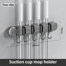 Grey Vacuum Suction Cup Mop & Broom Holder with 4 Roller Clips + 5 Hooks - Heavy Duty Waterproof Rack for Bathroom & Kitchen