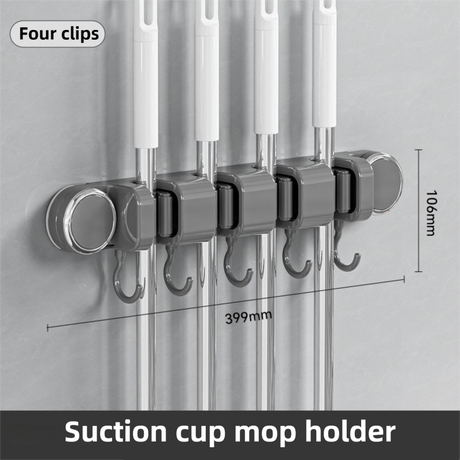 Grey Vacuum Suction Cup Mop & Broom Holder with 4 Roller Clips + 5 Hooks - Heavy Duty Waterproof Rack for Bathroom & Kitchen