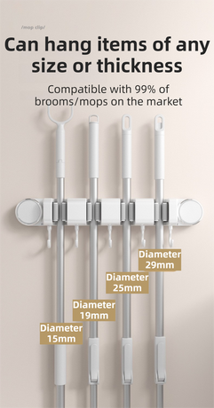 White Vacuum Suction Cup Mop & Broom Storage Rack Combination(3-Size: 2 Clips + 3 Clips + 4 Clips) - Heavy Duty Waterproof Rack for Bathroom & Kitchen