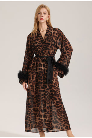 Women's Sexy Leopard Long Sleeve Print Satin Robe - Breathable Luxury Satin Chiffon Housecoat & Long Elegant Morning Gown