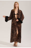 Women's Sexy Leopard Long Sleeve Print Satin Robe - Breathable Luxury Satin Chiffon Housecoat & Long Elegant Morning Gown