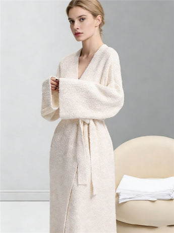 Beige Women's Ultra-Soft Plush V-Neck Cardigan Robe - Extra Thick Half-Velvet Warm Housecoat & Outdoor Wearable Sleepwear