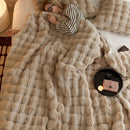 Brown Luxury Tuscany Fleece Rabbit Fur Bubble Blanket - Double-Sided Thickened Soft Plush Large Bedding Set(180x200 CM Large Blanket + 2 Pack 45x45 CM Cushion Cover)
