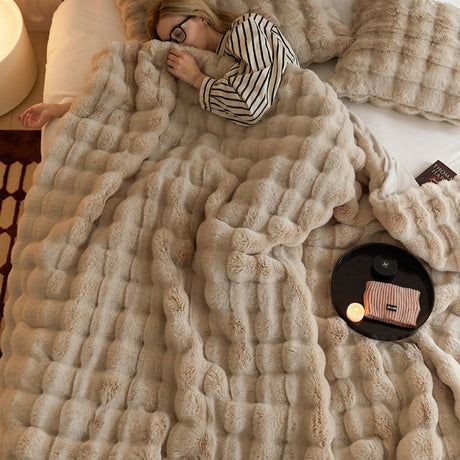 Brown Luxury Tuscany Fleece Rabbit Fur Bubble Blanket - Double-Sided Thickened Soft Plush Large Bedding Set(180x200 CM Large Blanket + 2 Pack 45x45 CM Cushion Cover)