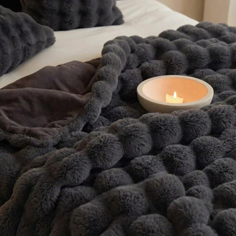 Black Grey Luxury Tuscany Fleece Rabbit Fur Bubble Blanket (200 x 230 CM) - Double-Sided Thickened Soft Plush Bedding & Extra Large Bed Blanket