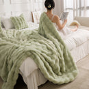 Green Luxury Tuscany Fleece Rabbit Fur Bubble Blanket - Double-Sided Thickened Soft Plush Large Bedding Set(180x200 CM Large Blanket + 2 Pack 45x45 CM Cushion Cover)
