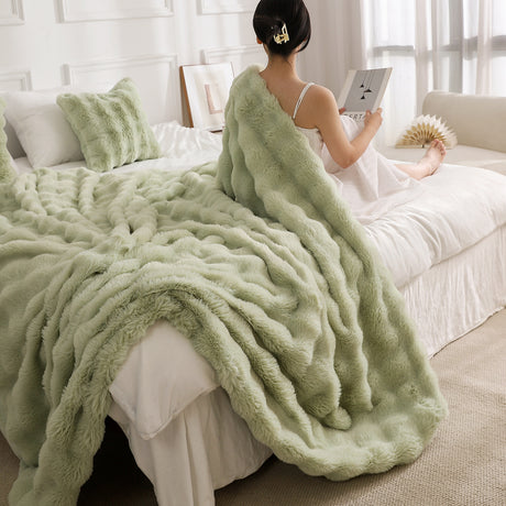 Green Luxury Tuscany Fleece Rabbit Fur Bubble Blanket - Double-Sided Thickened Soft Plush Large Bedding Set(180x200 CM Large Blanket + 2 Pack 45x45 CM Cushion Cover)