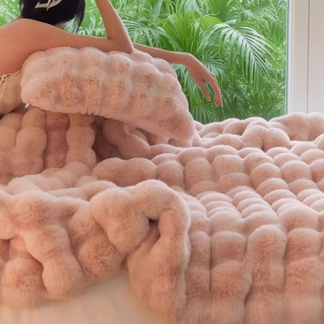Pink Luxury Tuscany Fleece Rabbit Fur Bubble Blanket - Double-Sided Thickened Soft Plush Large Bedding Set(180x200 CM Large Blanket + 2 Pack 45x45 CM Cushion Cover)