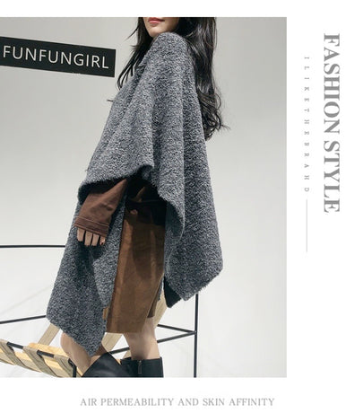 Grey Premium Knitted Wool Blend Poncho - Elegant Thickened Drape Shawl & Cape Cardigan Coat