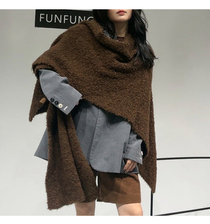 Brown Premium Knitted Wool Blend Poncho - Elegant Thickened Drape Shawl & Cape Cardigan Coat