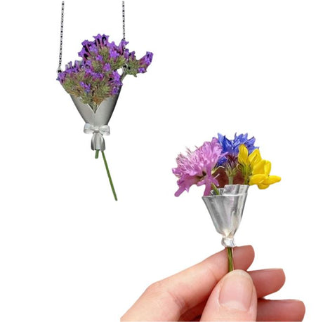 Floral Artistry Jewelry Set for Women - Handcrafted Floating Flower Vase Necklace & 2-Pack Wearable Mini Vase Bouquet Brooch (Flower Not Included)