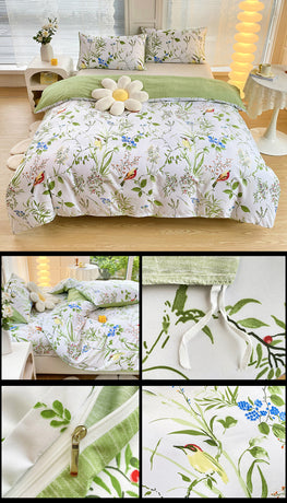 4-Piece Elegant Green Bouquet Printed Soft-Touch Brushed Bedding Set for 1.8M Bed: 200 x 230 CM Duvet Cover, 180 x 200 (+25) CM Deep Pocket Fitted Sheet & 2PC 50 x 75 CM Pillowcases