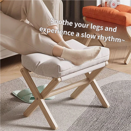White Foldable Ottoman & Padded Footstool with Velcro Stability & Spare Cusion - Cotton Linen Portable Office Leg Rest & Entryway Shoe Stool