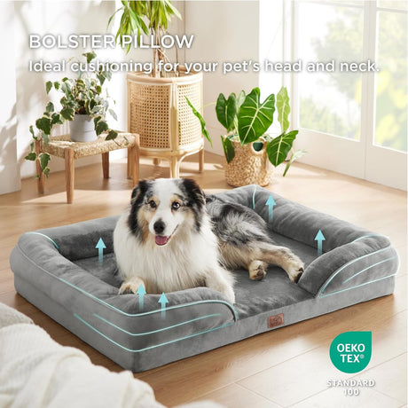 Grey Waterproof Egg-Crate Foam Therapeutic Pet Sofa Bed and Fleece Lounge (M Size 74 x 53 x 17 CM) - Low Entry, High Bolster Support & Zipper Removable Cover
