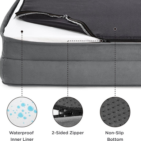 Grey Waterproof Egg-Crate Foam Therapeutic Pet Sofa Bed and Fleece Lounge (L Size 91 x 69 x 17 CM) - Low Entry, High Bolster Support & Zipper Removable Cover