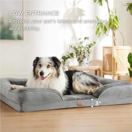 Grey Waterproof Egg-Crate Foam Therapeutic Pet Sofa Bed and Fleece Lounge (XL Size 110 x 82 x 17 CM) - Low Entry, High Bolster Support & Zipper Removable Cover